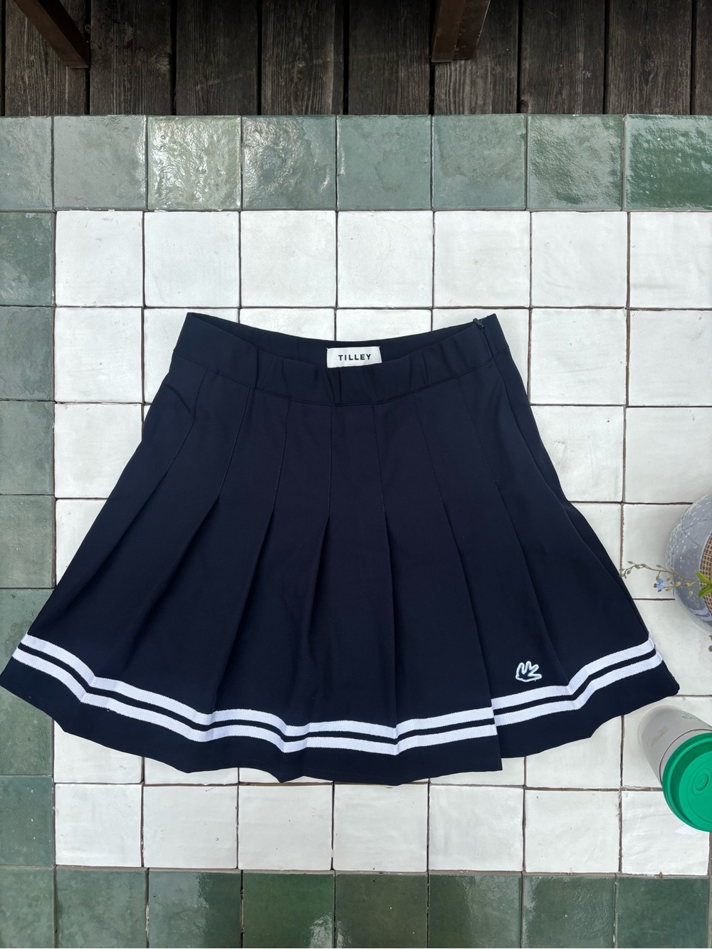 Tilley Navy Pleated Skater Skirt with White Stripe Trim